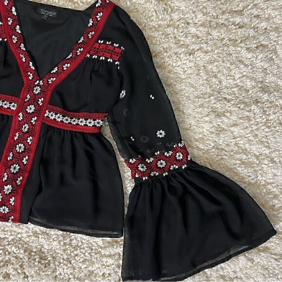 Topshop black embroidered style boho long sleeve top size US 2 - Picture 5 of 11